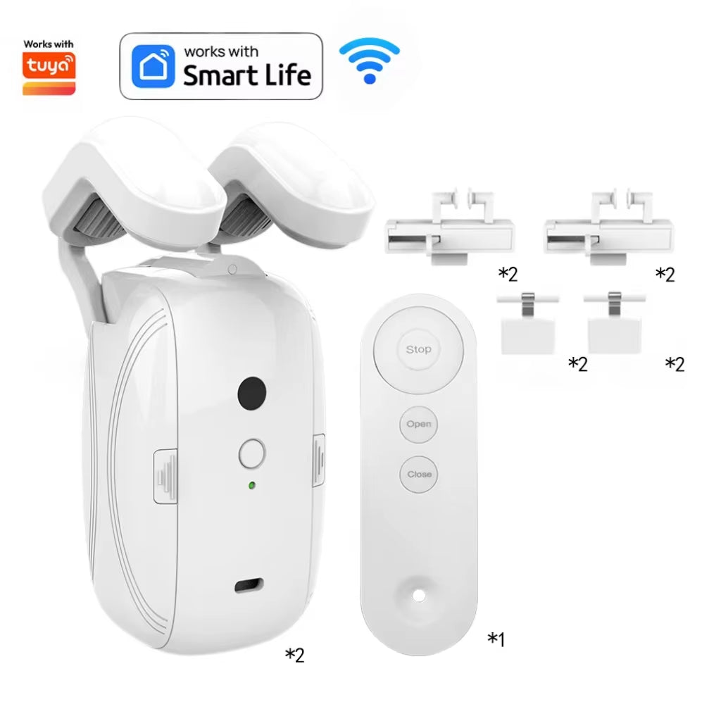 Works with Tuya Automatic Curtain Robots Smart Curtain Opener Roman Rod TU Remote Control 3-In-1 Light Sensor， Easy Installation