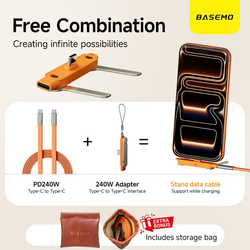 Basemo 240W Super Fast Charging 360° Rotating Invisible Stand Detachable Two-In-One Charging Cable, Zinc Alloy Silicone Type-C Cable Compatible with Apple and Samsung, Essential for Gaming, Office, and Car Use | Bestselling Cutting-Edge Technology.