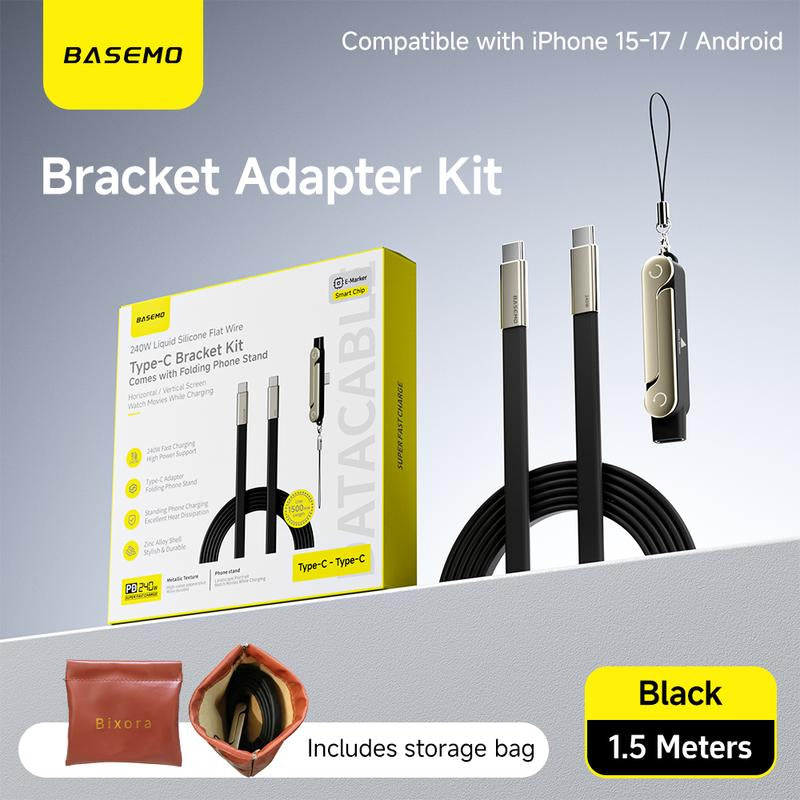 Basemo 240W Super Fast Charging 360° Rotating Invisible Stand Detachable Two-In-One Charging Cable, Zinc Alloy Silicone Type-C Cable Compatible with Apple and Samsung, Essential for Gaming, Office, and Car Use | Bestselling Cutting-Edge Technology.