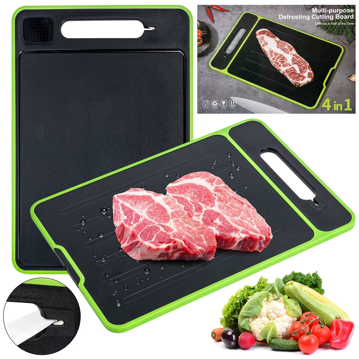4-In-1 Cutting Board with Handle Chopping Large Meat Butcher Knife Sharpener Garlic Grater Quickly Defrost Meat for Kitchen