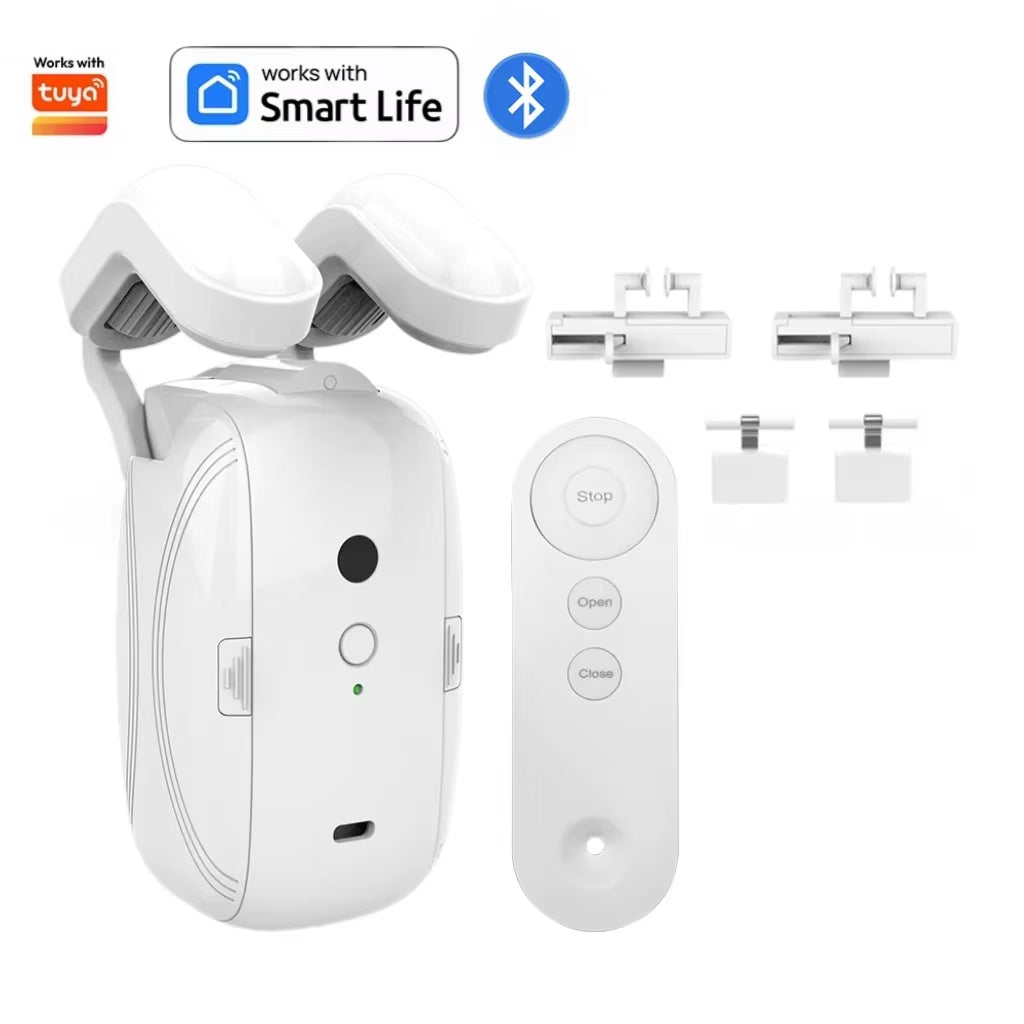 Works with Tuya Automatic Curtain Robots Smart Curtain Opener Roman Rod TU Remote Control 3-In-1 Light Sensor， Easy Installation
