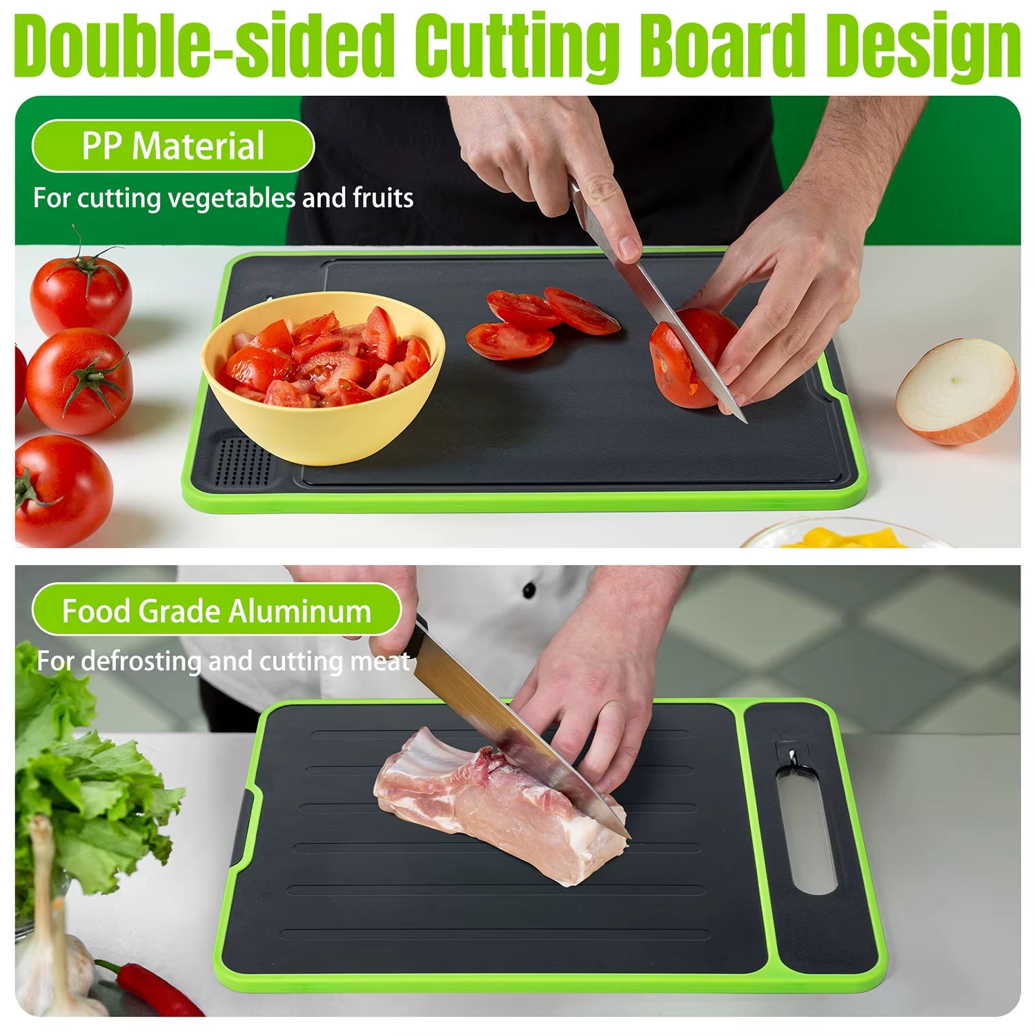 4-In-1 Cutting Board with Handle Chopping Large Meat Butcher Knife Sharpener Garlic Grater Quickly Defrost Meat for Kitchen
