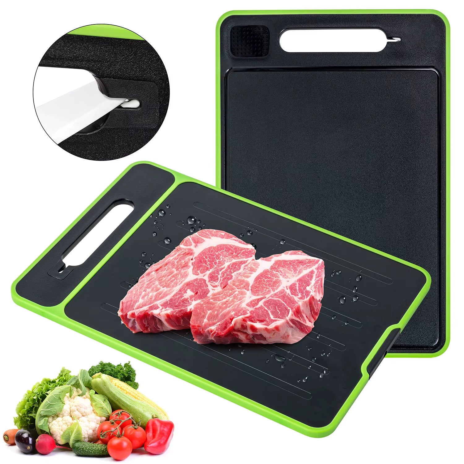 4-In-1 Cutting Board with Handle Chopping Large Meat Butcher Knife Sharpener Garlic Grater Quickly Defrost Meat for Kitchen