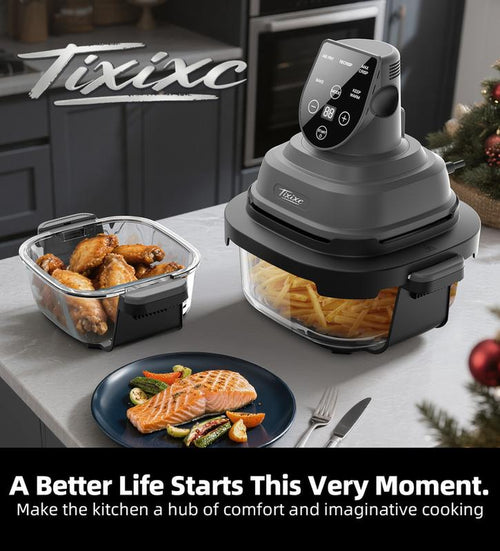 5-In-1 Non-Toxic Glass Air Fryer (1500W), 4-Quart Pot + Dust Cover and 6-Cup Glass Container + Sealing Lid Portable Smart Air Fryer with Silicone Pad, Freezer/Dishwasher Safe Kitchen Appliance